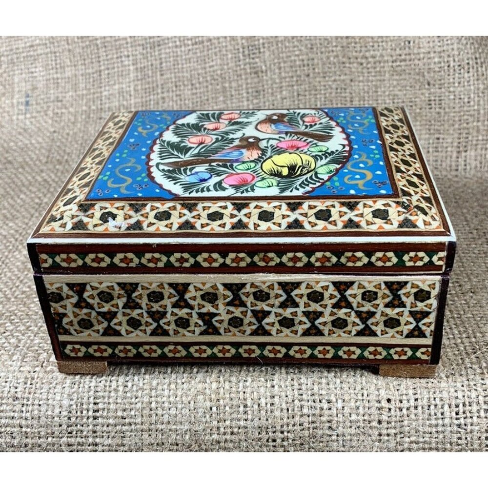 Wood Jewelry Box Birds & Flowers Painted Wooden Marquetry Gift Box - Picture 2 of 10